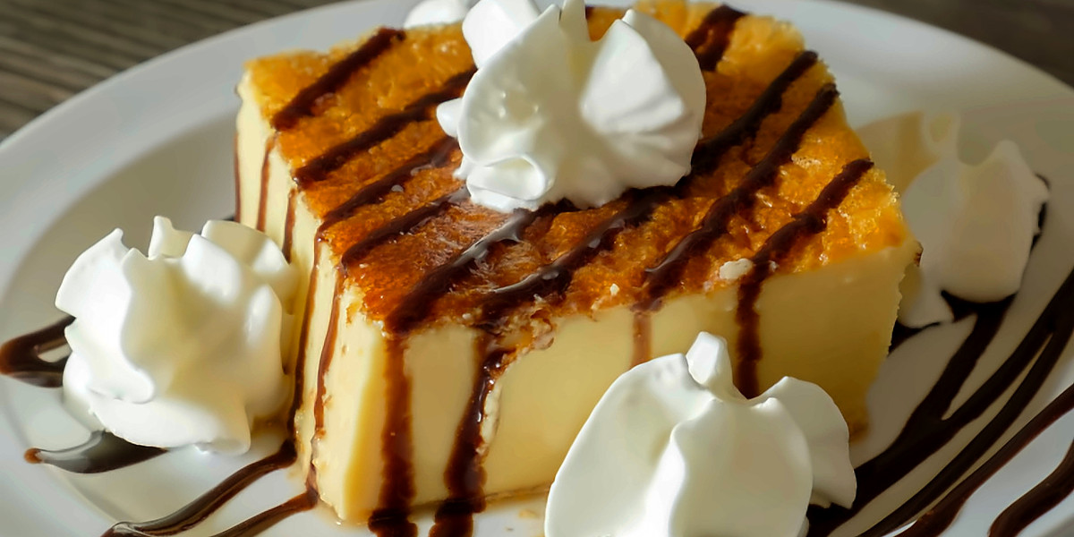 Flan with caramelized top, chocolate drizzle and whipped cream