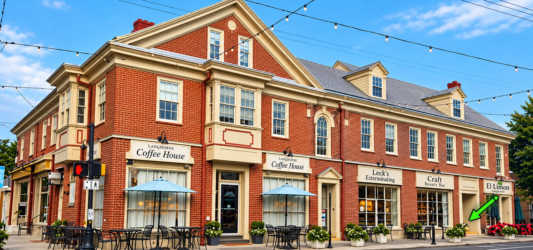 The brick Hicks House today, on the corner of Maple and Bellevue Avenues in Langhorne, with outdoor tables along the sidewalk and an arrow pointing from the El Limon sign to the entrance