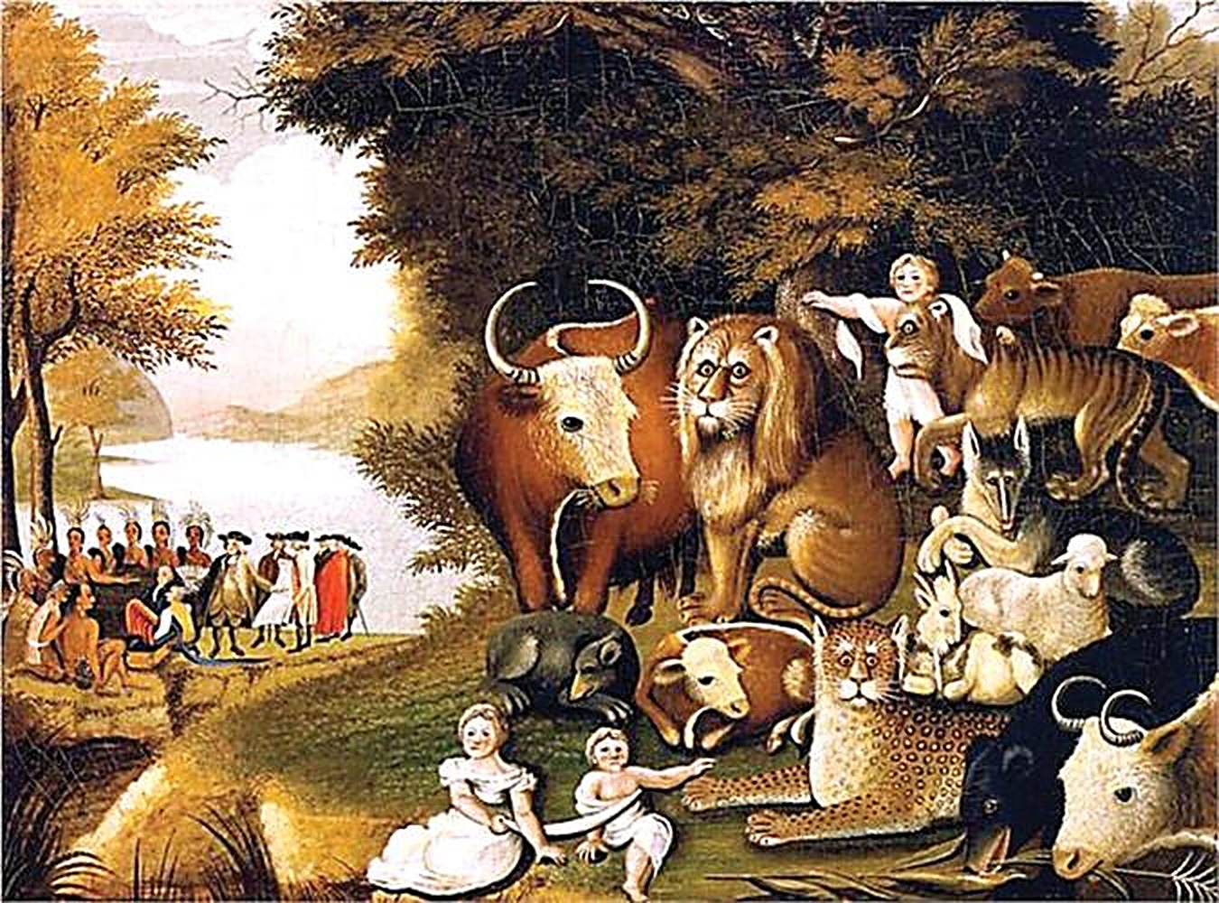 The Peaceable Kingdom: a lion, ox, leopard, lamb and other animals gathered peacefully with children, while William Penn makes his treaty in the distance